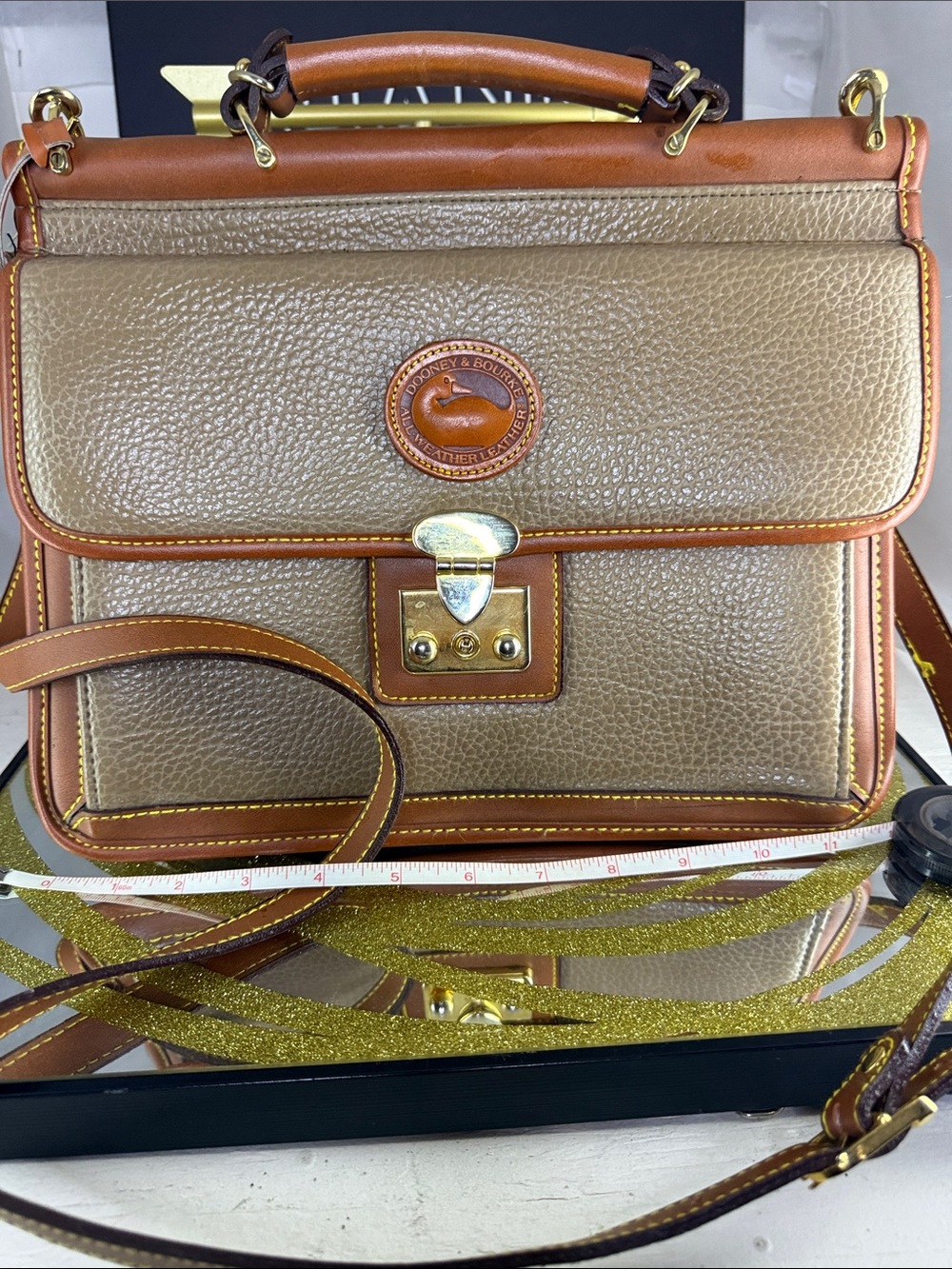 Dooney & Bourke Gold and Tan Pebbled Leather Satchel with Strap - Picture 3 of 7